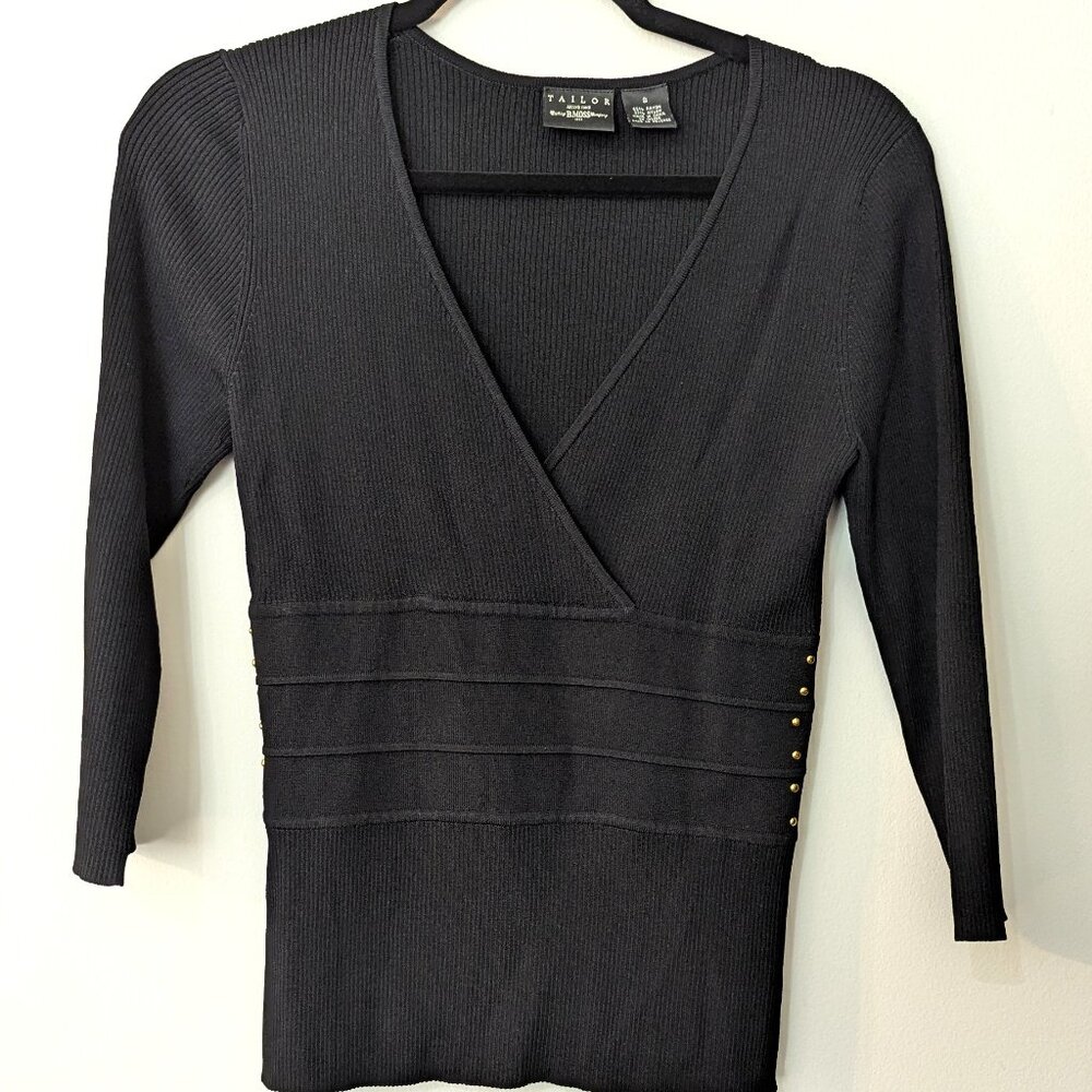 Tailor by B. Moss Women's Black Faux Wrap Fitted Knit Sweater Top. Size Small